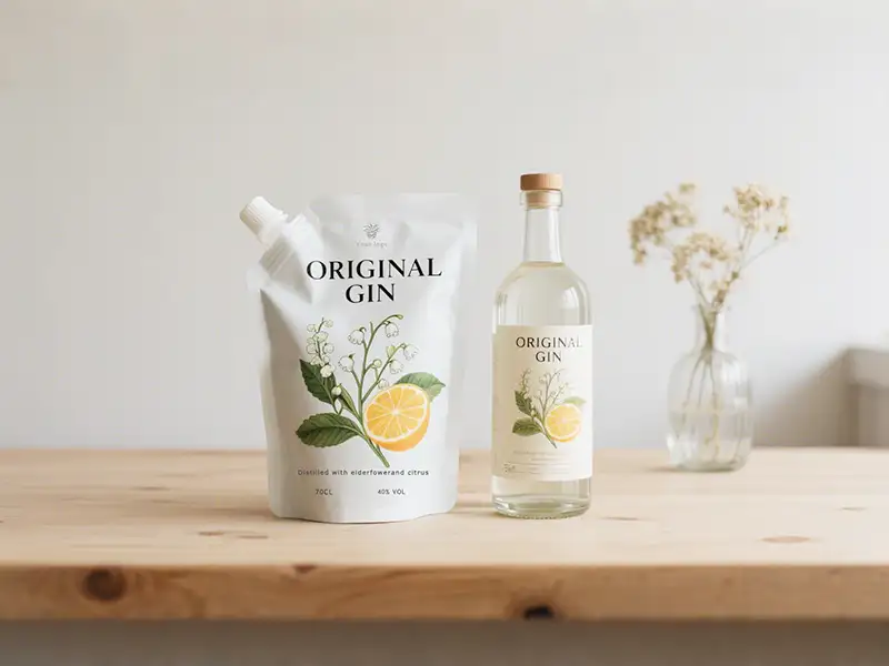 Premium Spirit GIN Eckausgießer Trinkbeutel vs. Flasche